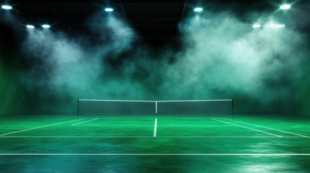 Dark moody tennis court with spotlight effects and ambient mistの素材