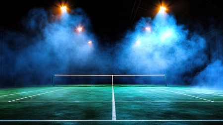 Dark moody tennis court with spotlight effects and ambient mistの素材