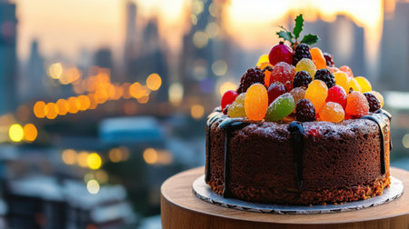 Festive fruitcake topped with candied fruits on a wooden table, city skyline in the background during sunset glowの素材