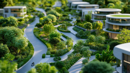 Future city model with eco-buildings, clean streets, and thriving greeneryの素材