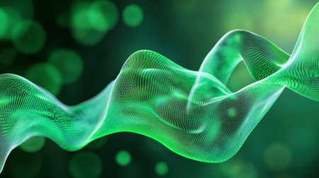 Green energy wave pattern flowing through 3D digital lines and nodes, computer-generatedの素材