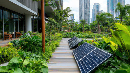 Lush urban area with sustainable architecture, solar panels, and green pathwaysの素材