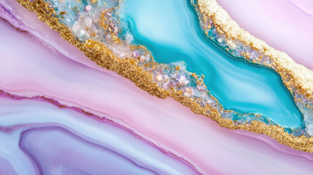 Marble-inspired white and blue fluid painting with pastel shades and golden veinsの素材