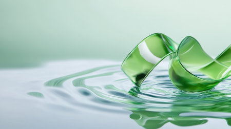 Light green abstract background with floating glass ribbon and rippled reflectionの素材