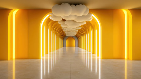 Modern design with bold yellow tones and light clouds emerging from central tunnelの素材