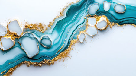 Marble-inspired white and blue fluid painting with pastel shades and golden veinsの素材