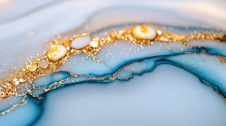 Abstract fluid painting in shades of icy blue and dusty white with gold flecks flowing acrossの素材