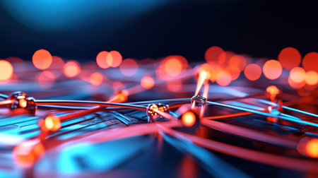 Symmetrical red-blue path design in a techscape environment, glowing data linesの素材