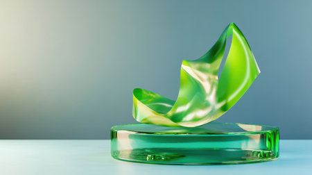 Stylized green composition with translucent ribbon and fluid mirrored baseの素材