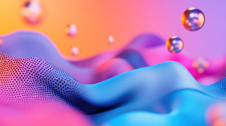 Vibrant pop art halftone pattern with shiny sphere gradients on abstract designの素材