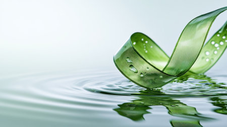 Transparent ribbon over water reflection, serene green tone, abstract compositionの素材