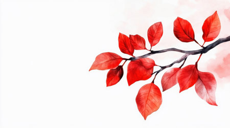 Watercolor autumn scene with red leaves drifting, minimal white background bannerの素材