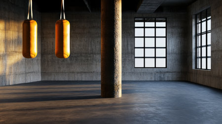 Urban boxing gym with bold lighting and rough grunge texture transitionの素材