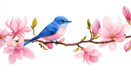 Spring watercolor with blue bird chirping on pink magnolia, calm and elegant styleの素材
