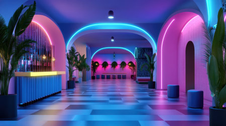 Techno vibe with overlapping layers in blue-pink palette and neon light shapesの素材