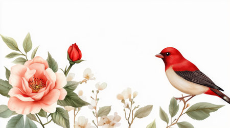 Spring bird and rose motif in romantic, hand-drawn compositionの素材
