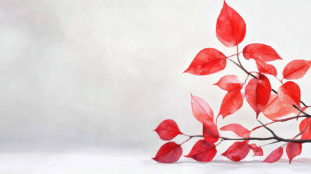 Watercolor-painted red fall leaves drifting across white canvas, soft seasonal designの素材