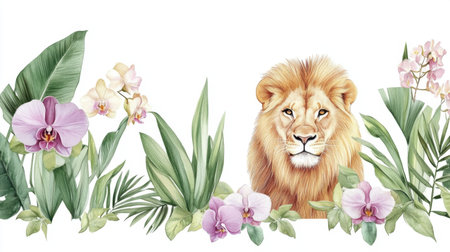 Summer jungle scene with watercolor lion surrounded by orchids and exotic plantsの素材