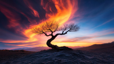 Sunset clouds twist and burn behind a stark, bare-limbed tree on the horizonの素材