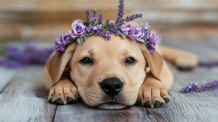 Sweet puppy wearing lavender and rose crown, watercolor floral pet clipartの素材