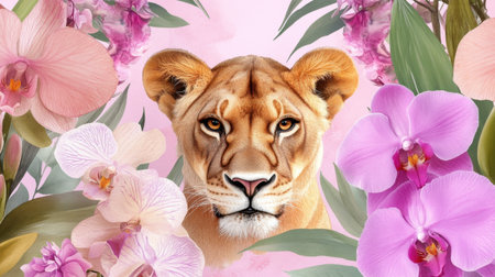 Summer jungle scene with watercolor lion surrounded by orchids and exotic plantsの素材