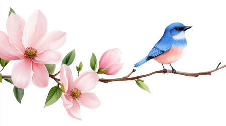 Spring watercolor with blue bird chirping on pink magnolia, calm and elegant styleの素材