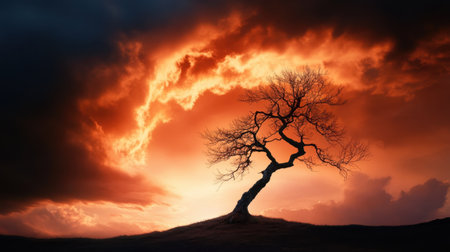 Sunset clouds twist and burn behind a stark, bare-limbed tree on the horizonの素材