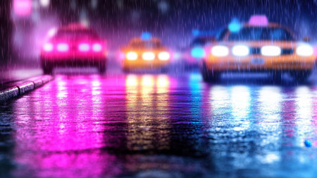 Taxi headlights blur through the misty rain as neon reflections stretch across the glistening roadの素材