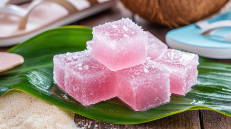 Sweet coconut jelly cubes on a tropical leaf, with flip-flops and sand in the frameの素材