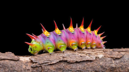 Vibrant caterpillar crawling on a branch, each spine and body segment captured in vivid macro detailの素材