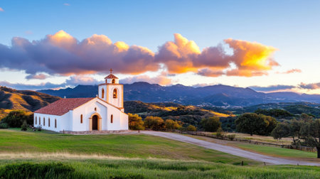 This stunning image features a charming white church nestled in lush green hills, framed by majestic mountains and dramatic sunset clouds.の素材