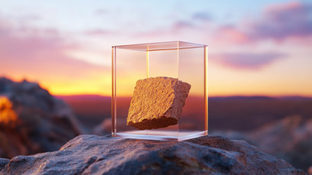 A striking rock specimen resting in a clear acrylic case captures attention against a vibrant sunset, highlighting nature's beauty in a remote landscape.の素材
