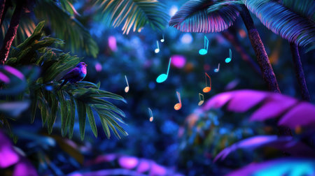 A captivating nighttime jungle scene filled with lush foliage and musical notes floating in the air, evoking a magical and serene atmosphere.の素材