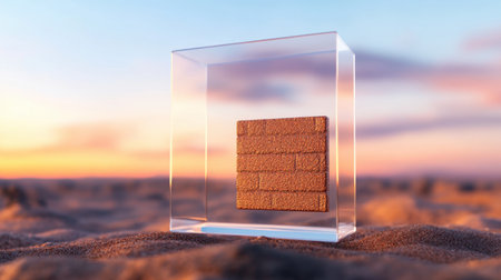 A striking sandstone block within a transparent box rests on a sandy surface, illuminated by a warm sunset, creating a serene and artistic atmosphere.の素材
