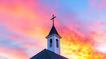A stunning church steeple rises against a breathtaking sunset sky filled with vibrant colors and soft clouds. The cross stands tall, symbolizing faith.の素材