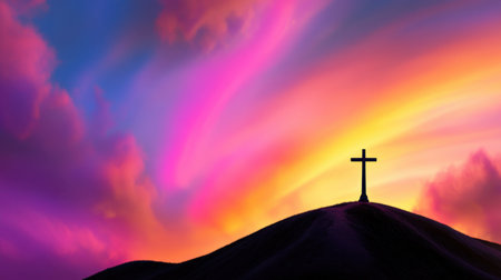 A striking silhouette of a cross atop a hill beneath a breathtaking sky filled with vibrant colors and swirling clouds, capturing a moment of serene beauty.の素材
