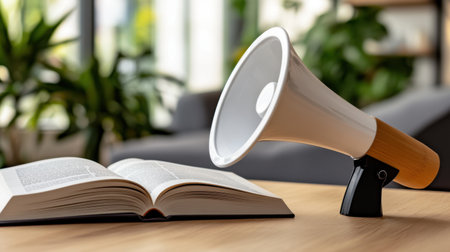 A white megaphone rests next to an open book on a wooden table, surrounded by greenery in a modern indoor space, enhancing the learning atmosphere.の素材
