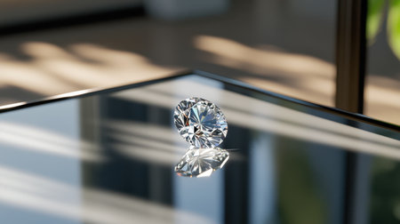 This stunning image showcases a brilliant diamond resting on a reflective surface, with intricate patterns of light and shadow adding depth and allure.の素材