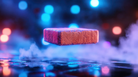 A visually striking image of a floating block illuminated by vibrant neon lights, surrounded by soft mist, creating an abstract and dreamy atmosphere.の素材