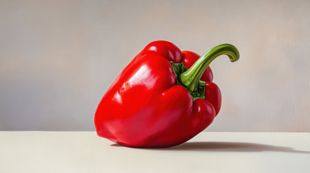 A striking red bell pepper rests elegantly on a light surface, showcasing its vibrant color and smooth texture. Ideal for healthy lifestyle visuals.の素材