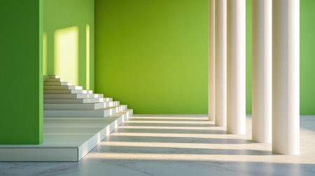 A stunning depiction of modern interior design showcasing vibrant green walls and elegant white pillars, creating a harmonious, minimalist space.の素材