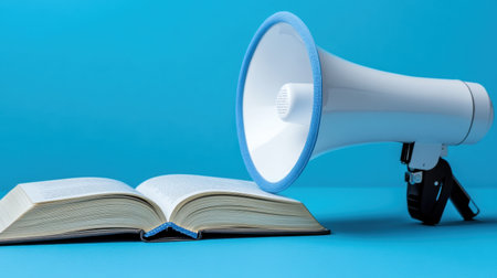 A megaphone positioned next to an open book on a bright blue background illustrates themes of education and communication. Ideal for concepts related to learning and sharing information.の素材