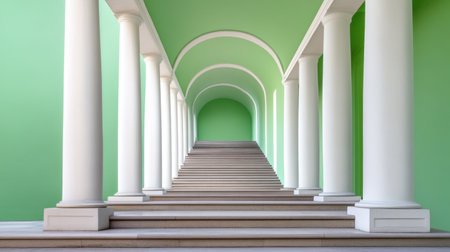 Stunning staircase featuring white columns and a vibrant green backdrop, showcasing modern architectural elegance that invites exploration and admiration.の素材