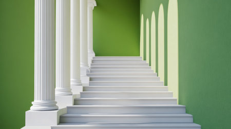This image showcases a pathway of elegant white steps ascending beneath classical columns against a vibrant green wall, creating a serene ambiance.の素材