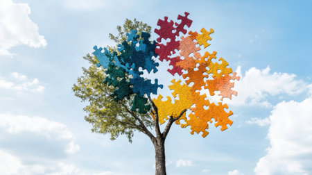 A vibrant tree with colorful puzzle pieces forming its canopy, symbolizing creativity and growth. A beautiful scene under a clear blue sky and soft clouds.の素材