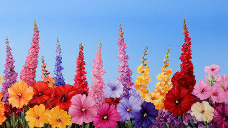 A stunning display of vibrant flowers in a garden setting, featuring an array of colors and shapes under a clear blue sky, evoking feelings of peace and joy.の素材
