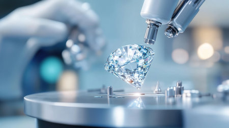A close-up view of a brilliant cut diamond being examined under a microscope in a modern laboratory, highlighting the intricate details and sparkle of the gem.の素材