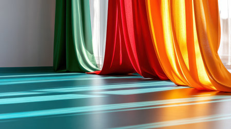 This image showcases vibrant drapes in red, orange, and green, casting colorful shadows on a sleek floor. A perfect blend of warmth and aesthetics, creating a serene ambiance in a contemporary interior space.の素材