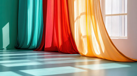 This image features colorful drapes that flow gracefully in a sunlit room, casting soft shadows on the floor and creating a vibrant and inviting atmosphere.の素材