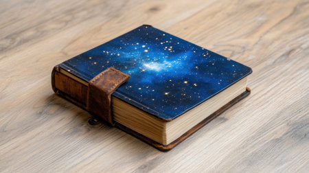 A creative journal featuring a striking night sky design with stars and galaxies. This unique book with a leather strap invites imagination and inspiration for writing. Perfect for journaling, note-taking, or doodling, it adds charm to any workspace.の素材